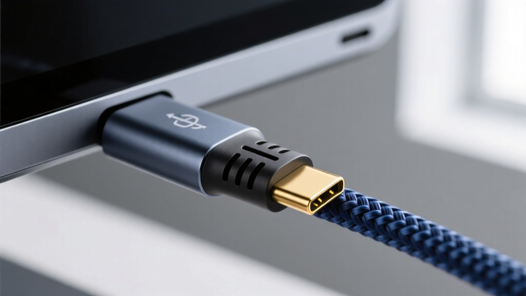 Close-up macro shot of a USB-C braided cable plugged into a portable monitor, highlighting the reinforced stress-relief housing and gold-plated pins.