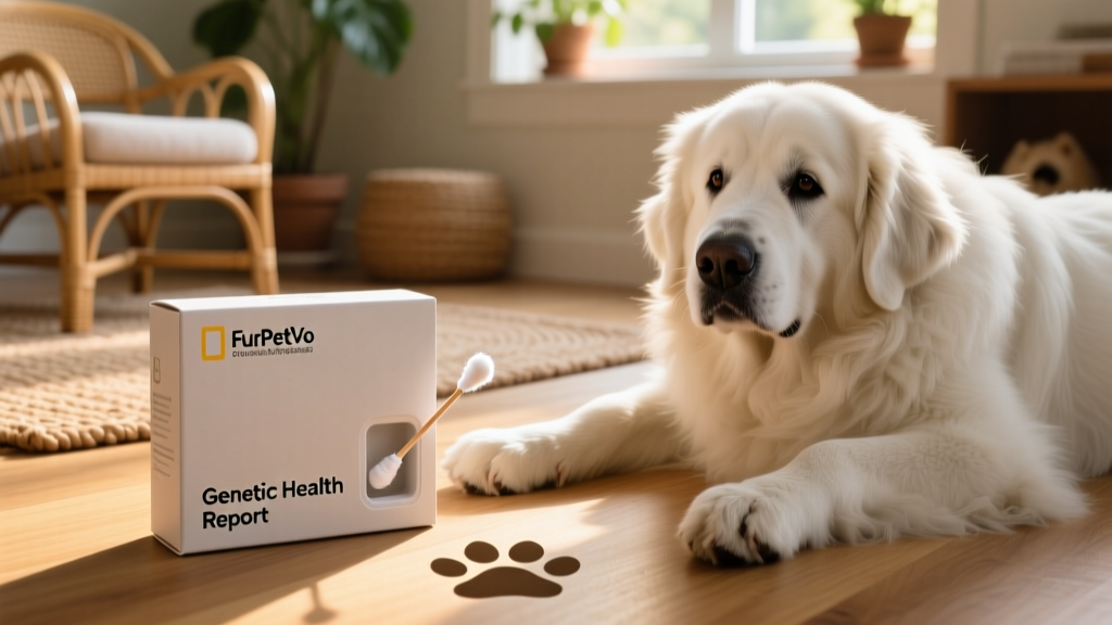 Close-up of FurPetVo DNA test kit with sample swab and packaging