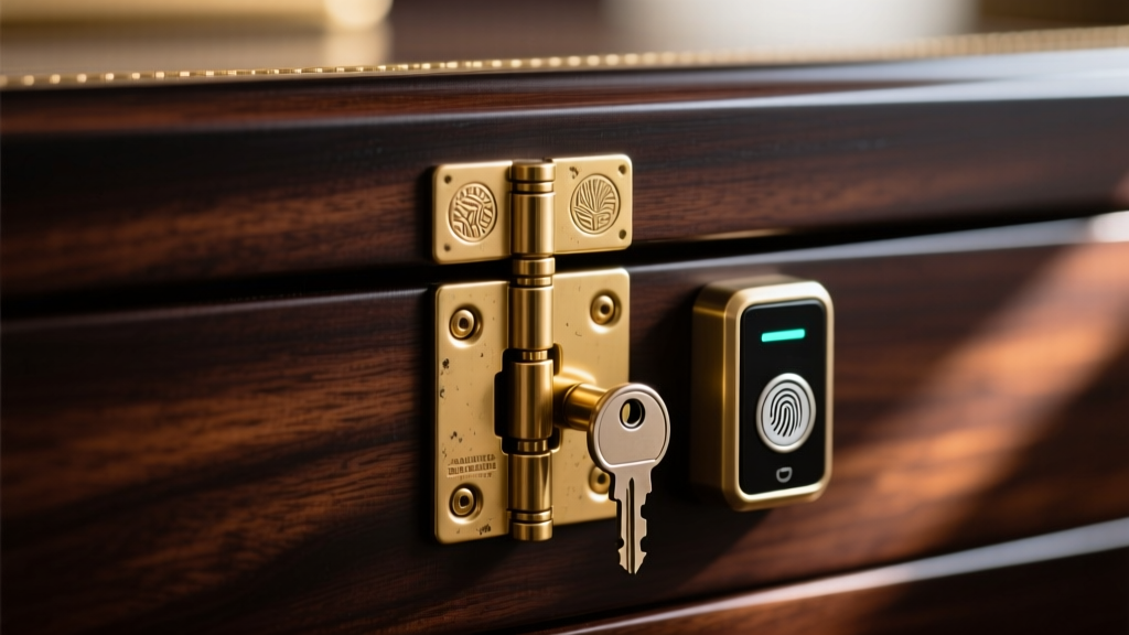 Close-up of a heavy-duty brass piano hinge and keyed biometric lock installed on a dark mahogany extra large jewelry chest lid