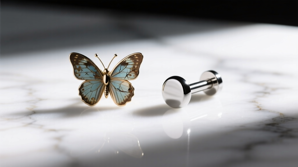 Macro shot comparing a scratched butterfly earring back with a polished flat-back labret stud on a clean white marble surface.