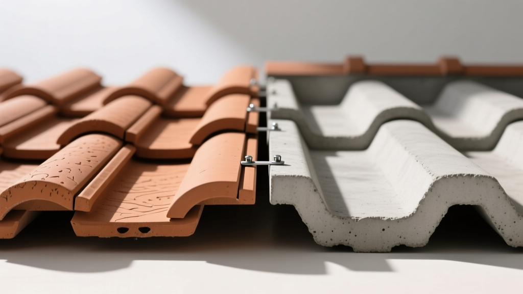 Side-by-side cross-section of terracotta clay and extruded concrete roof tiles showing interlocking profiles and fastener channels