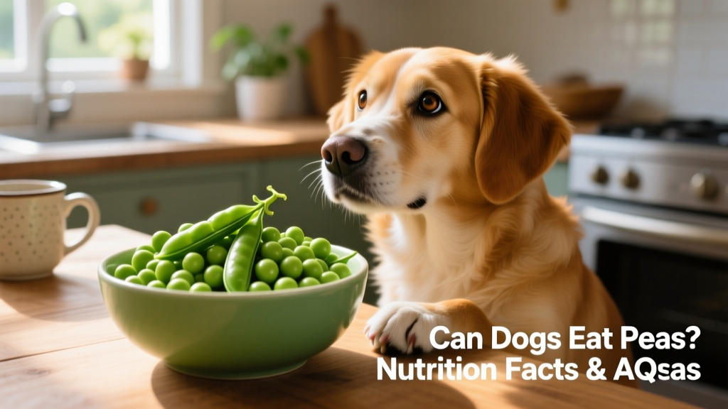 A bowl of fresh, bright green shelled peas next to a happy dog looking curiously at them