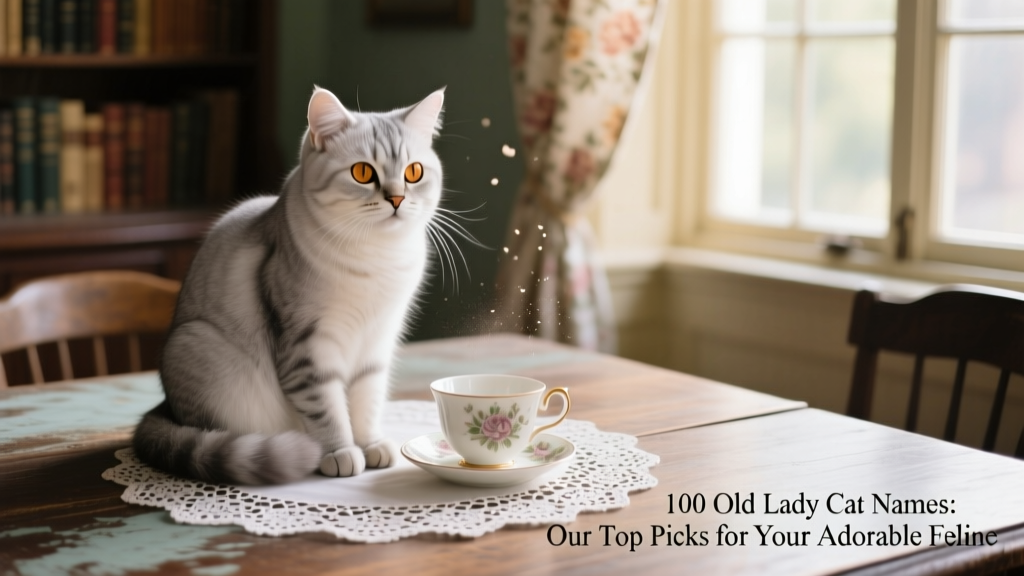 A serene senior cat sitting beside a vintage teacup and lace doily