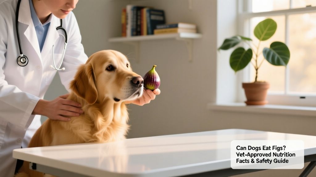 A veterinarian gently examining a golden retriever while holding a fresh fig on a clean exam table