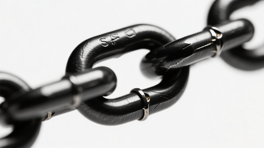 Macro shot of a black PVD-coated iron rolo chain link showing the seamless solder joint and dark gunmetal finish texture details.