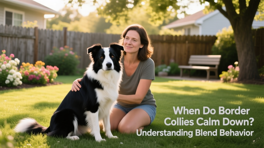 A young adult Border Collie sitting calmly beside its owner in a sunlit backyard