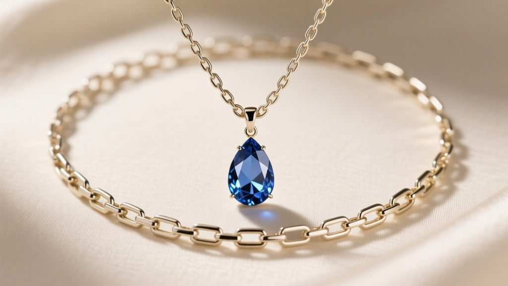 A 20-inch 14k white gold box chain holding a sapphire teardrop pendant, photographed on a neutral silk fabric backdrop