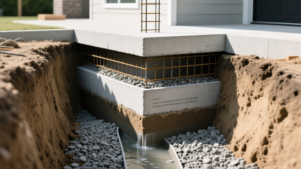 Cross-section diagram and physical rubble trench stone foundation base with drainage gravel and concrete grade beam being prepared for residential build