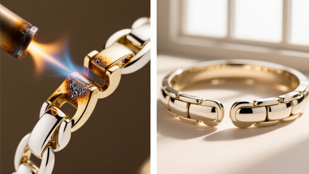 Side-by-side comparison of a torch soldered joint and a seamless laser welded joint on a delicate white gold tennis bracelet link