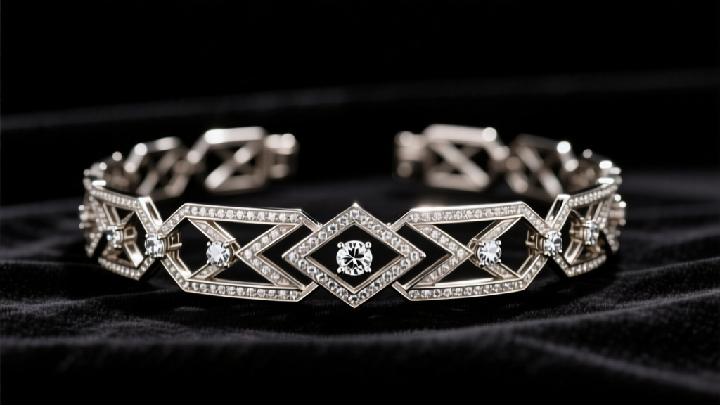 Elegant 1920s Art Deco platinum and diamond filigree bracelet resting on dark velvet, illuminated by soft warm gallery lighting