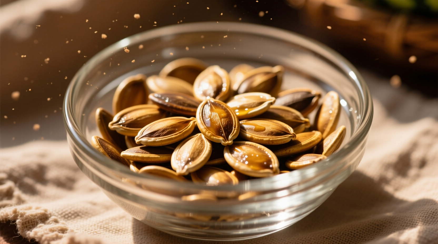 Roasted watermelon seeds in a glass bowl