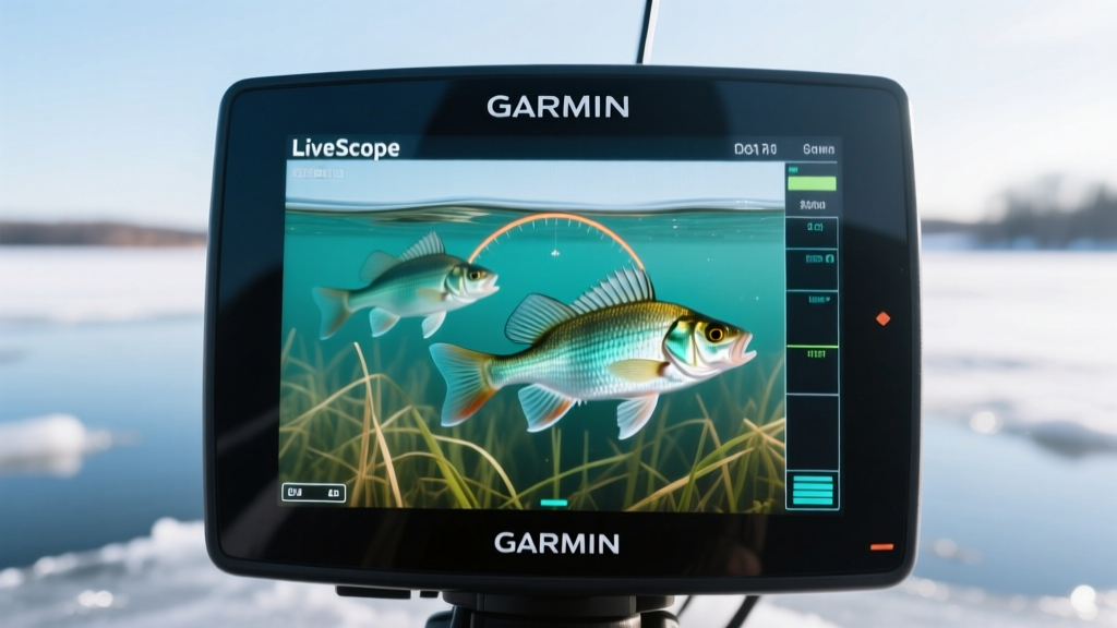 Close-up of a Garmin LiveScope screen showing crisp arches of crappie suspended over a weed bed in shallow ice fishing conditions