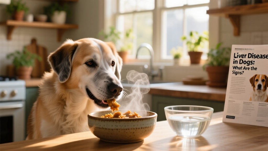 Happy senior dog enjoying a meal from a ceramic bowl, with fresh water nearby