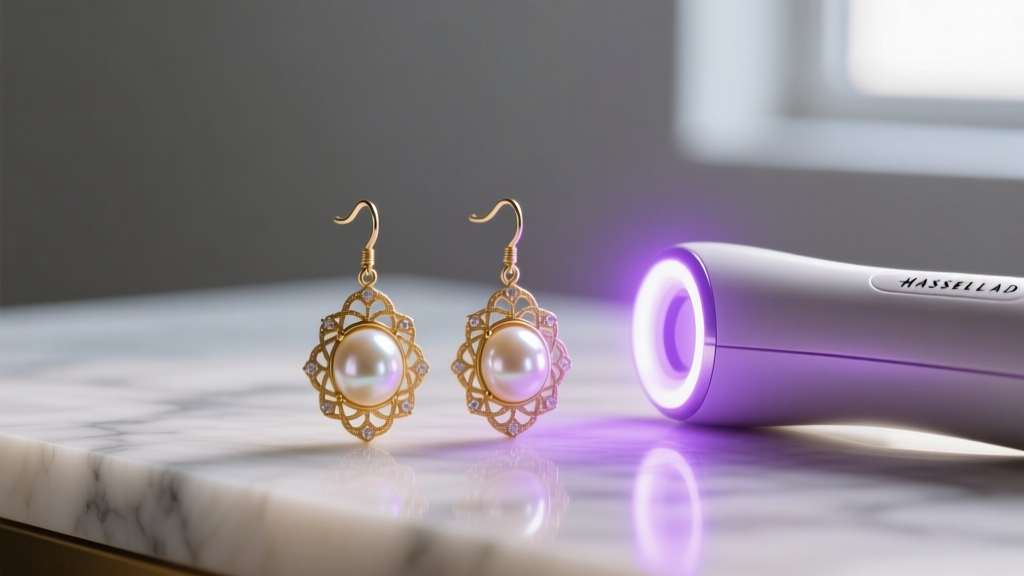 Vintage pearl drop earrings resting near a UV-C sterilization wand, purple glow illuminating the intricate gold filigree details.