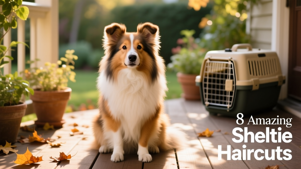 A Sheltie styled in a teddy bear cut, with rounded ears and a fluffy facial outline