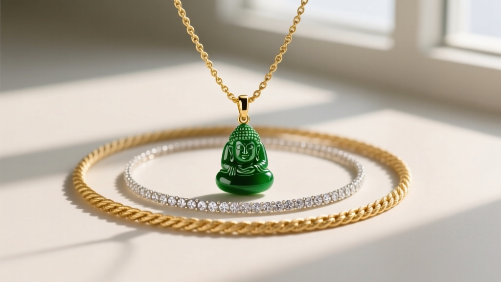 Layered necklace stack featuring a 16-inch gold rope chain with a green Buddha pendant and a 14-inch delicate diamond choker.