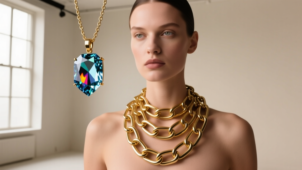 Model wearing a layered stack combining a floating gemstone illusion necklace with a chunky 14k gold paperclip chain