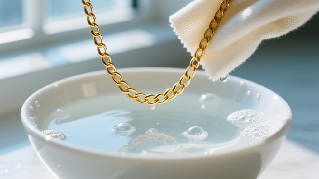 Microfiber cloth gently wiping a gold plated chain necklace over a ceramic bowl of mild soapy water in bright natural sunlight.