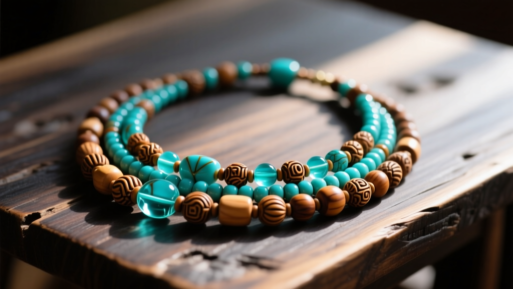 Close-up of a tangled multi-strand beaded boho necklace with turquoise and wooden beads resting on a rustic dark oak table.