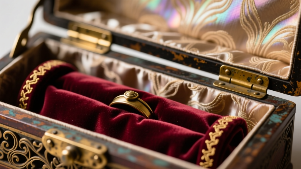 Close-up of antique French jewelry box interior showing faded moire silk lining, tarnished hinges, and a hidden velvet ring roll