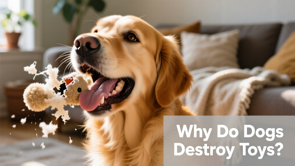 Close-up of a dog enthusiastically chewing a plush toy, with stuffing beginning to emerge