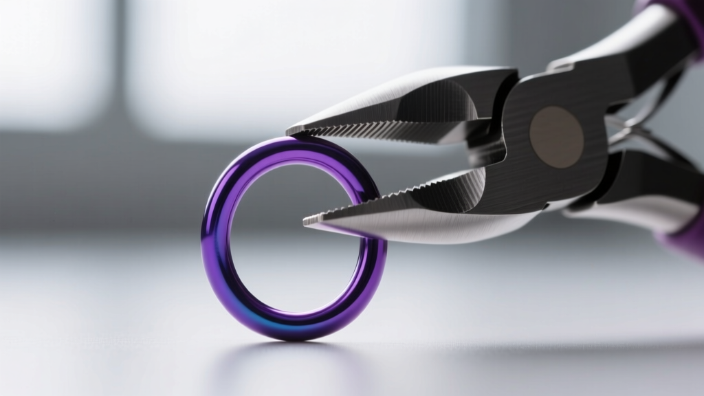 Macro shot of 22-gauge niobium ear wire looped with nylon pliers, showing the anodized purple finish and smooth metal texture