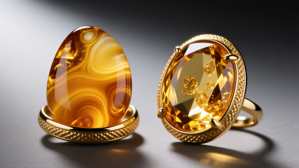 Macro shot comparing cloudy butterscotch Baltic amber and transparent golden Dominican amber in textured gold bezels side by side.