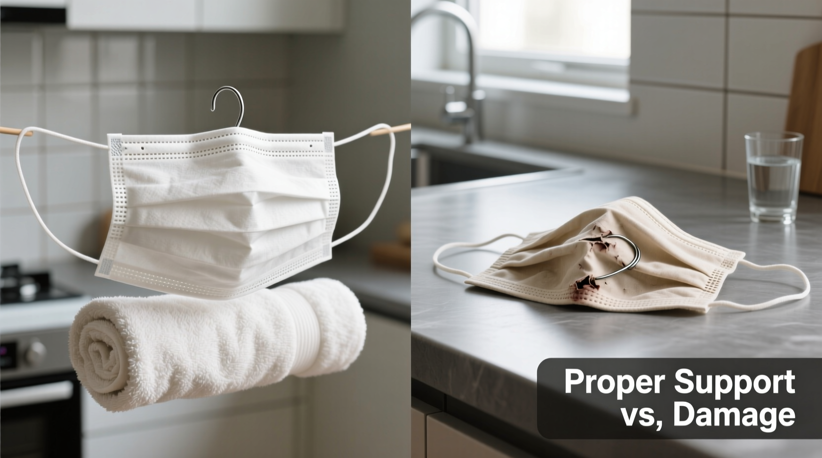 Side-by-side comparison showing a properly supported cloth mask drying over a rolled towel versus a damaged mask with visibly kinked nose wire lying flat on a countertop