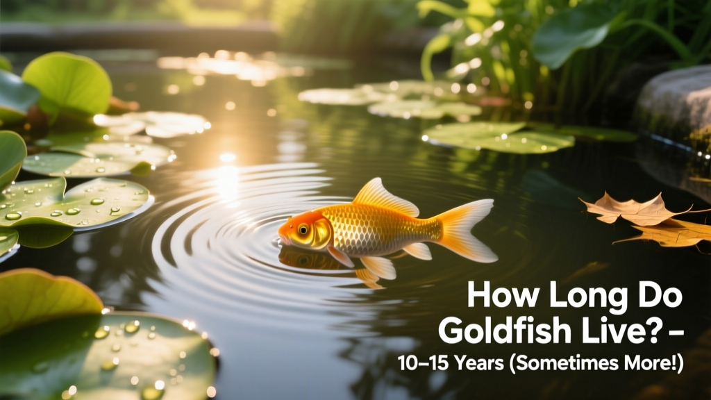 A serene outdoor pond with common goldfish swimming near lily pads and gentle ripples