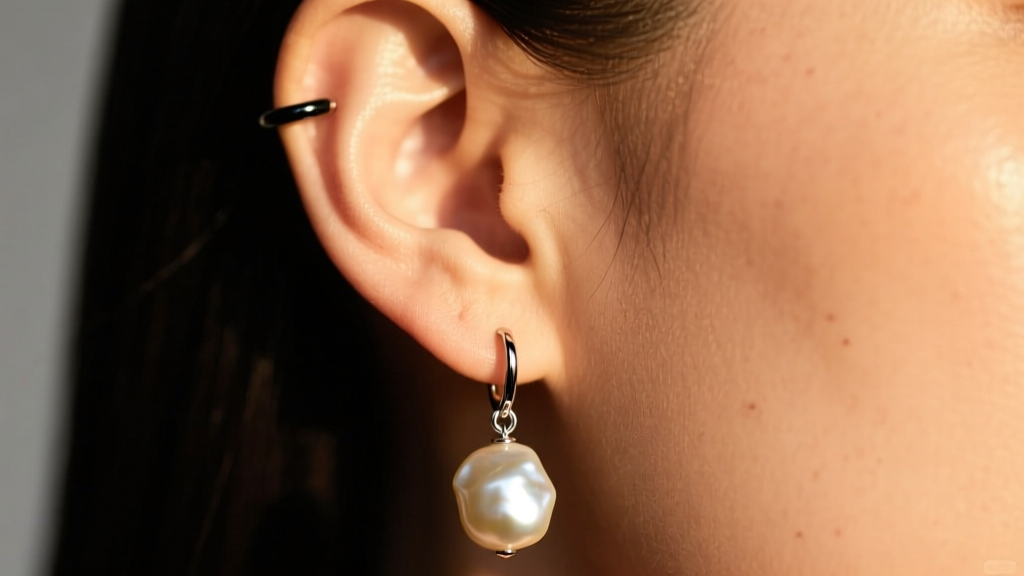 Close-up of an ear wearing an 18-gauge blackened sterling silver chain dangle earring with a raw baroque pearl in warm lighting.