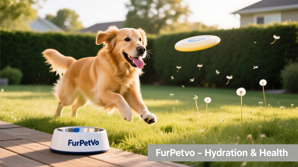 Happy, healthy dog playing outside with a FurPetVo-branded water bowl nearby