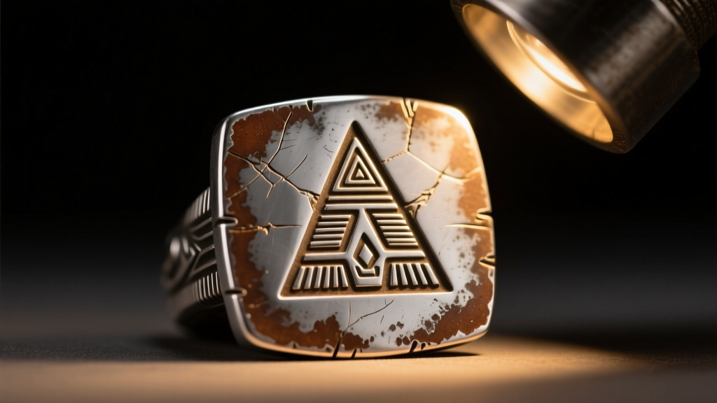 Macro photo of a faded Navajo silversmith hallmark stamped into oxidized silver, illuminated by a warm directional jeweler lamp.
