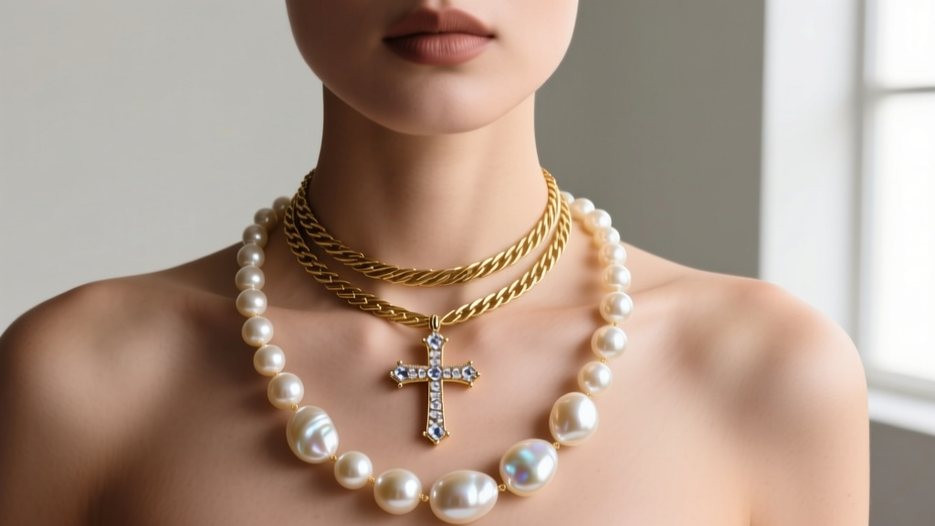 Model wearing a layered stack with a small jeweled cross pendant, a plain gold herringbone chain, and irregular baroque pearls.