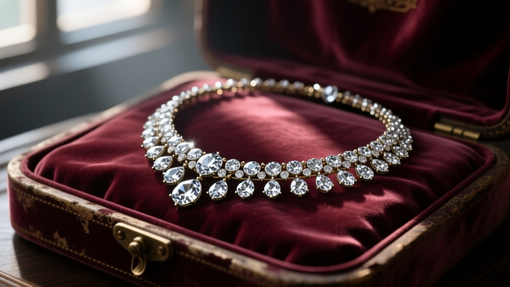 Vintage illustration of a 19th-century diamond riviere necklace resting on worn velvet jewelry box with moody cinematic lighting