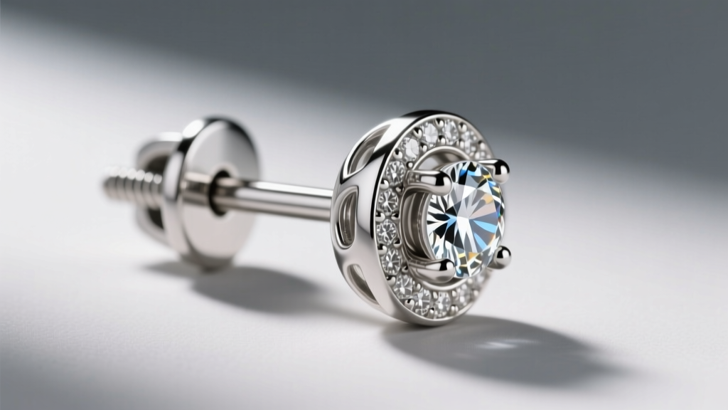 Side profile of an 18-gauge platinum halo stud earring with a secure basket setting and a heavy-duty screw-back clutch