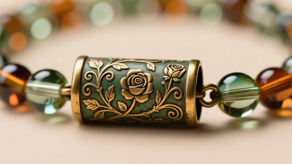 Macro shot of a vintage brass barrel clasp on a glass bead necklace showing subtle patina and intricate hand-engraved floral motifs