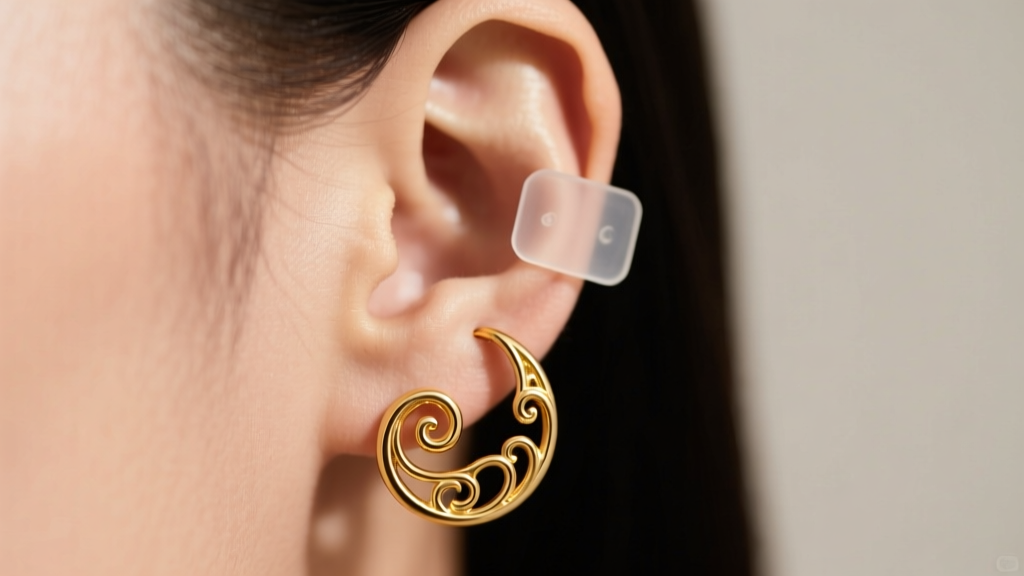 Close-up of an ear wearing a heavy gold scroll earring supported by a clear silicone stabilizer patch behind the lobe