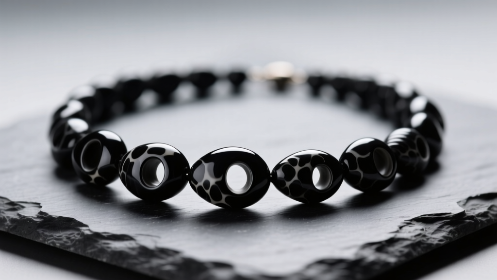 Macro photo of black puka shell necklace on dark slate, showing asymmetrical holes and mottled black surface under studio light.