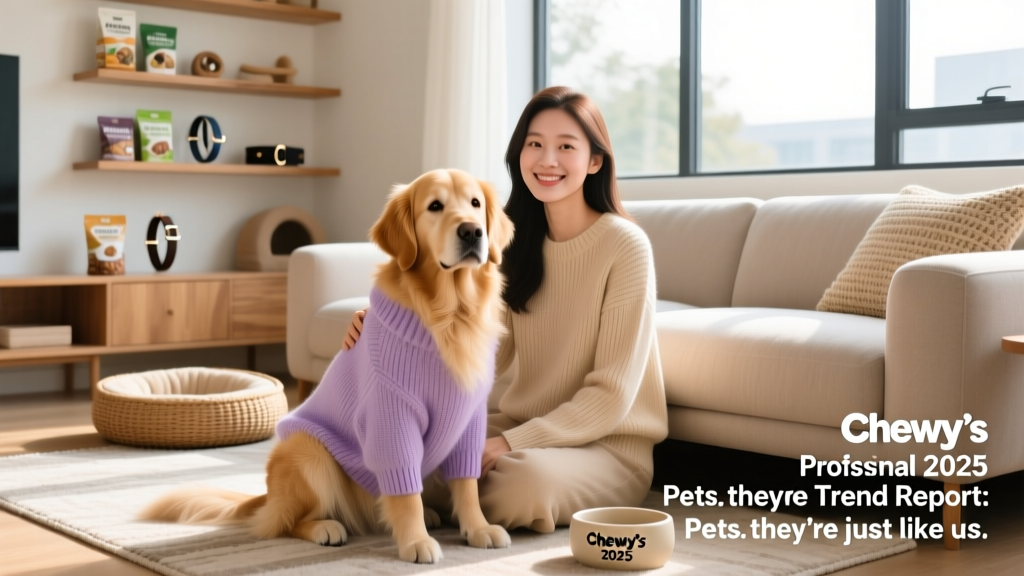 A stylish dog wearing a soft pastel sweater while sitting beside its owner, who wears a matching knit top, in a sunlit living room with modern, pet-friendly furniture