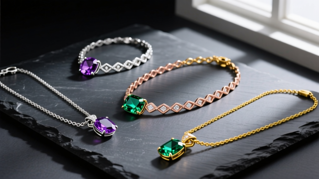 Flat lay of amethyst and peridot necklaces in sterling silver, rose gold, and yellow gold on a dark slate surface for contrast.