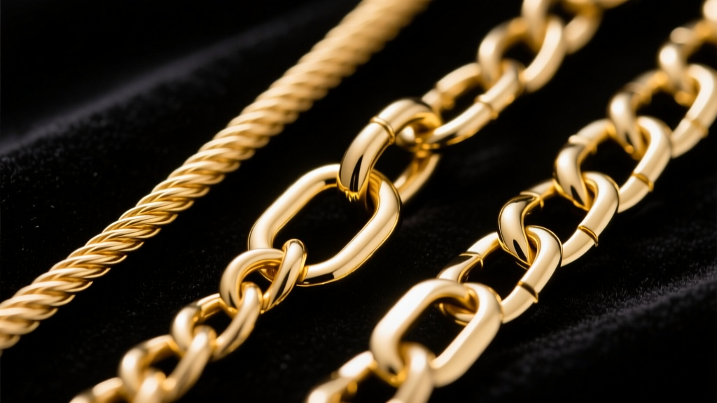 Macro shot of gold cable, rolo, and curb chain links on dark velvet under bright studio light, arranged side-by-side to compare.