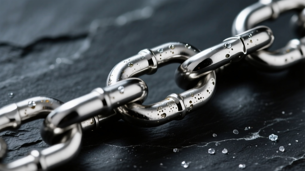 Close-up of dull 316L stainless steel chain links on dark slate, side lighting revealing surface oxidation and hard water spots.