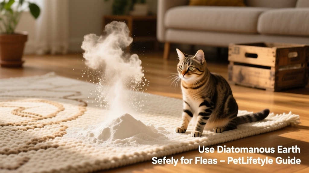 Close-up of fine, off-white diatomaceous earth powder being sprinkled onto a pet-friendly rug