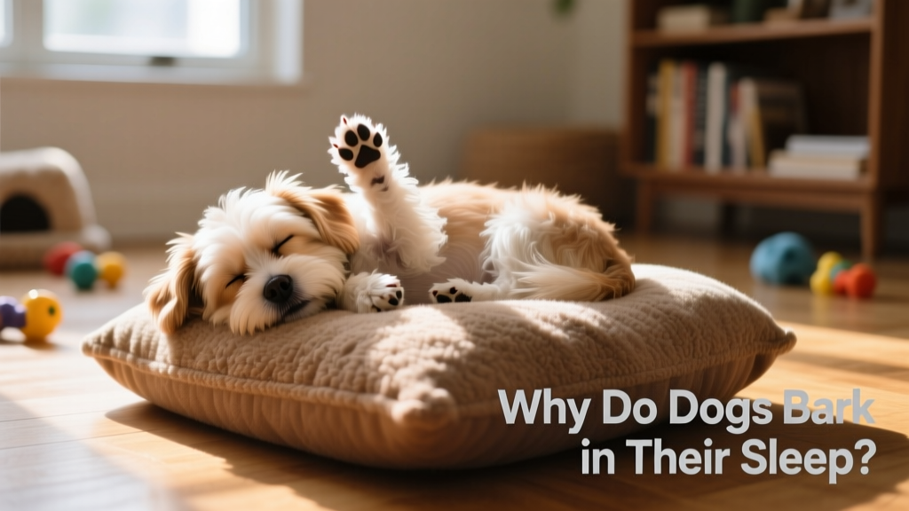 A small dog curled up asleep on a cozy cushion, one paw slightly lifted as if mid-dream