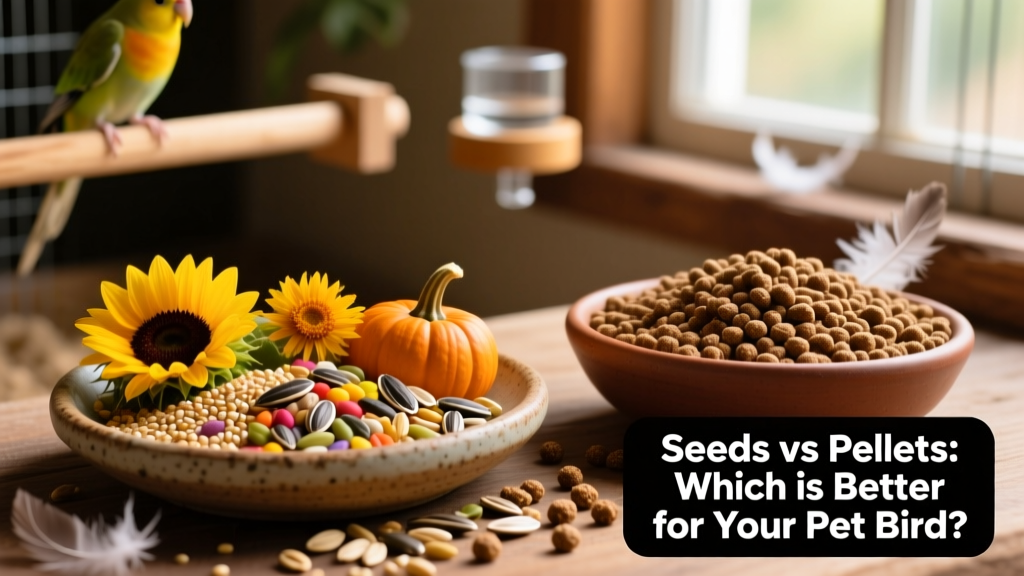 Close-up of a colorful seed mix in a ceramic dish beside a bowl of uniform brown pellets