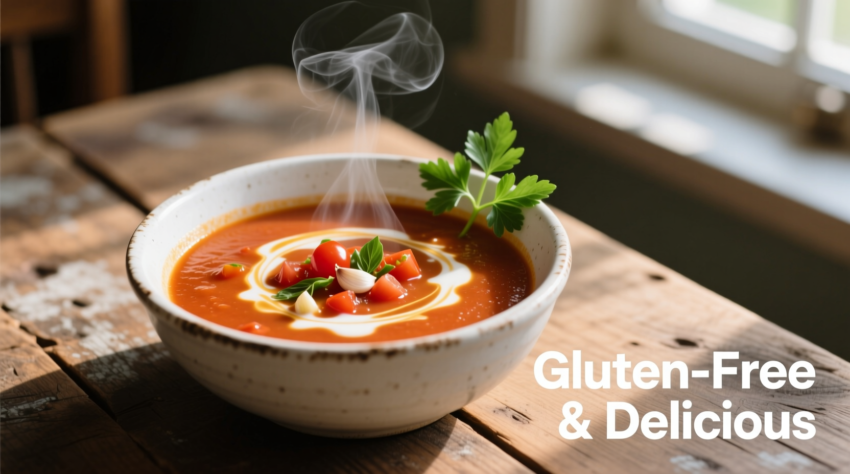 Homemade gluten-free tomato soup in white bowl