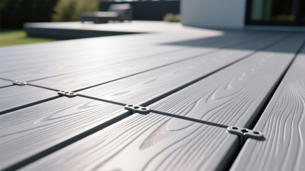 Close-up of gray PVC vinyl decking boards showing tight hidden fastener joints and subtle wood-grain embossing in bright sunlight