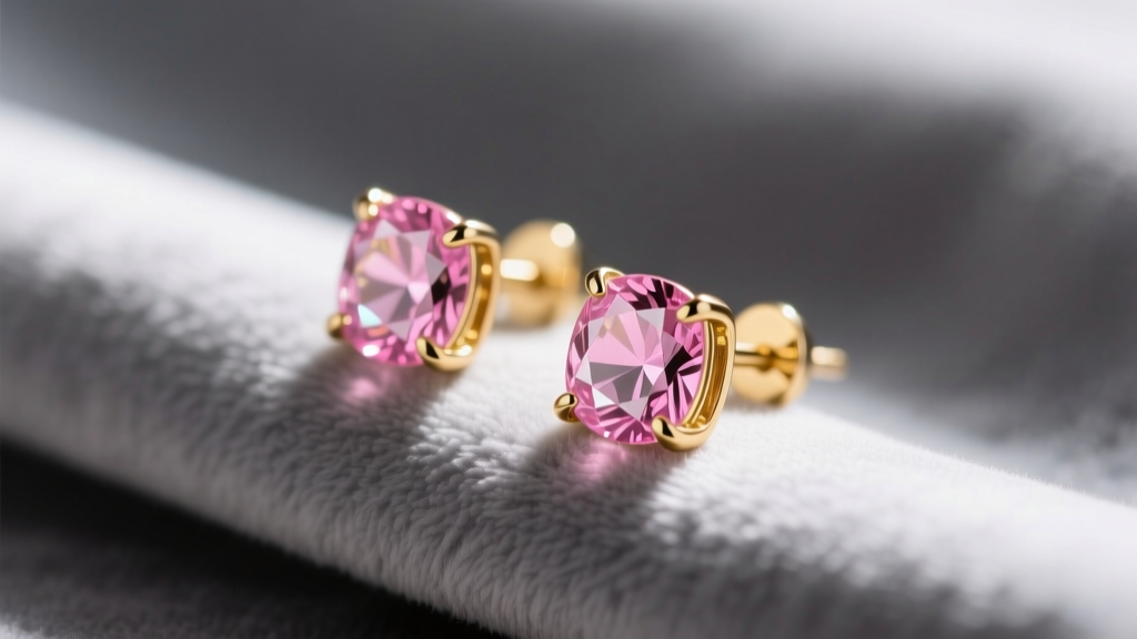 Macro shot of pink tourmaline stud earrings in gold settings resting on a soft grey cloth under gentle natural light.