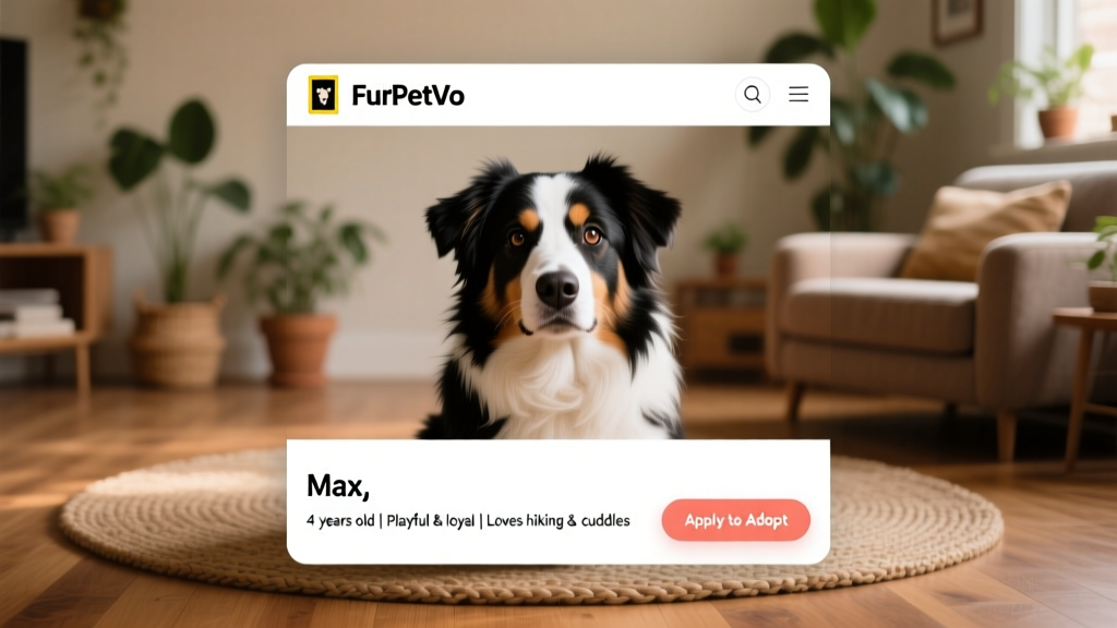 Screenshot-style mockup showing a FurPetVo profile page with an Australian Shepherd photo, bio section, and 'Apply to Adopt' button