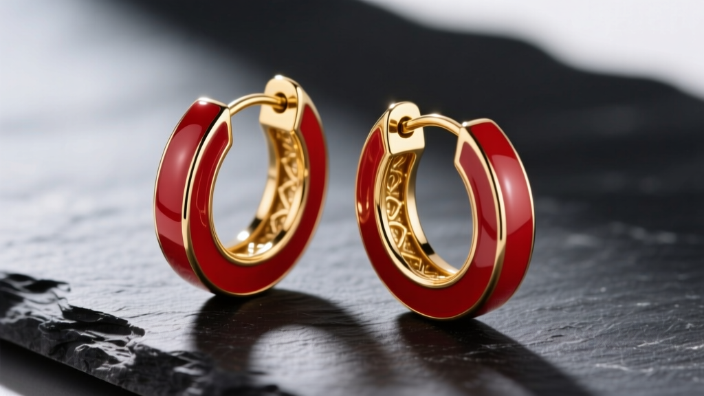Macro shot of gold vermeil red enamel hoop earrings on dark slate, highlighting the glossy crimson finish and sturdy hinge clasp.